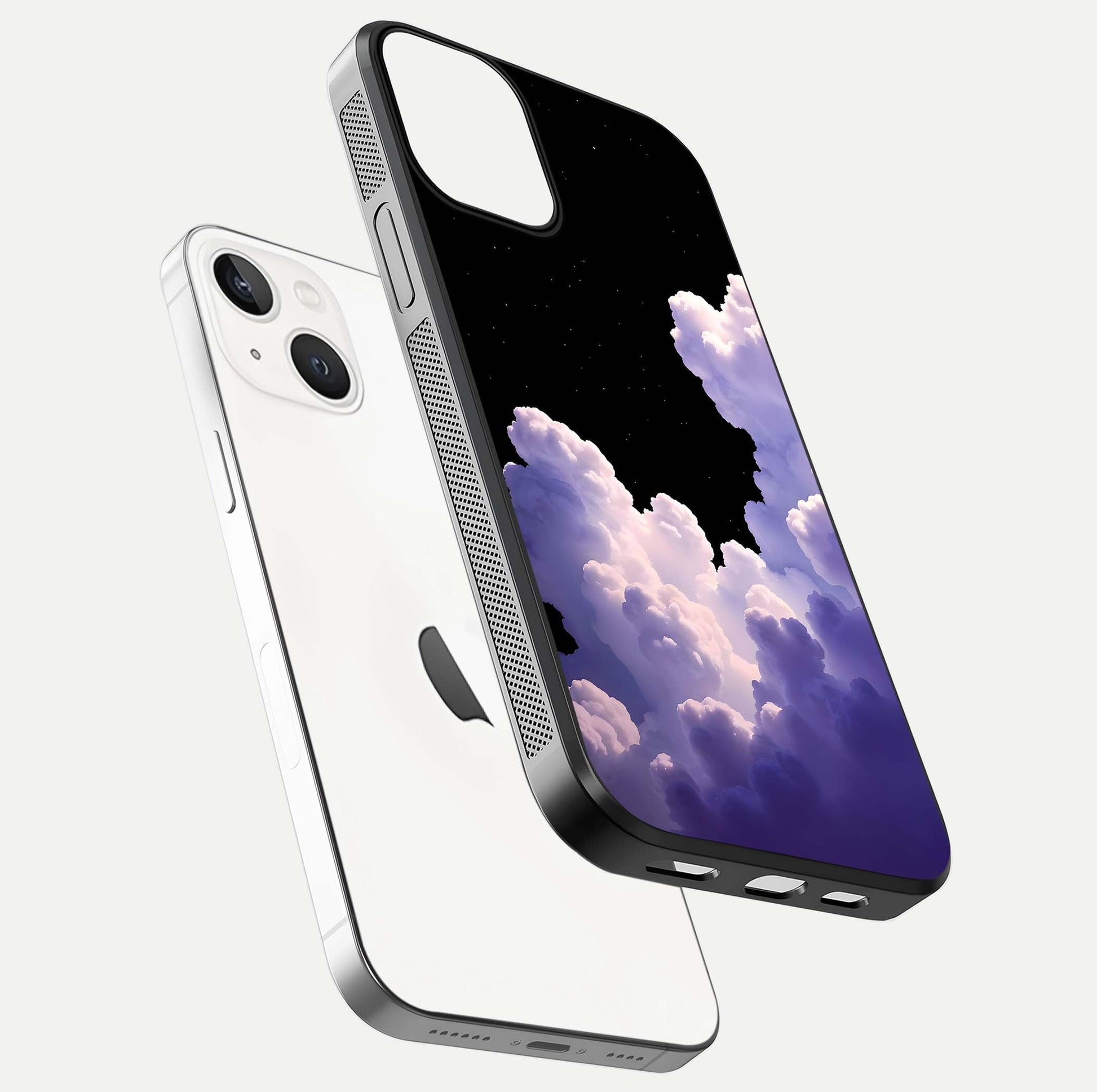 Starlit Night Whispers Glass Case for iPhone 13 floating dual-view mockup displaying gloss surface and depth