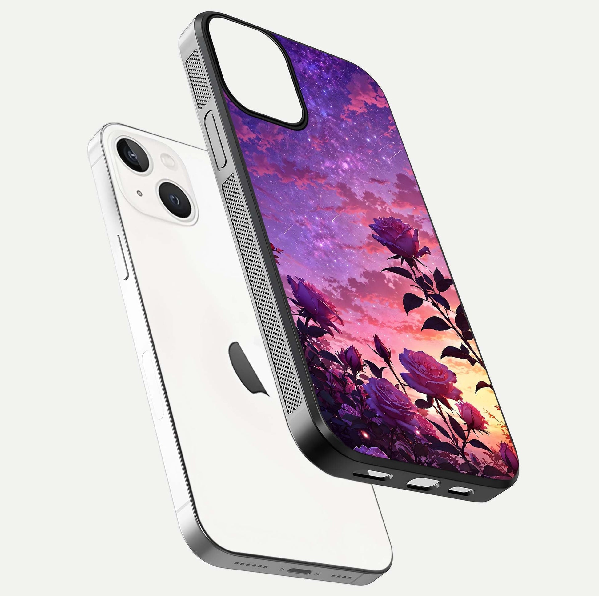 Starlit Rose Twilight Glass Case for iPhone 13 floating dual-view mockup displaying gloss shine and depth