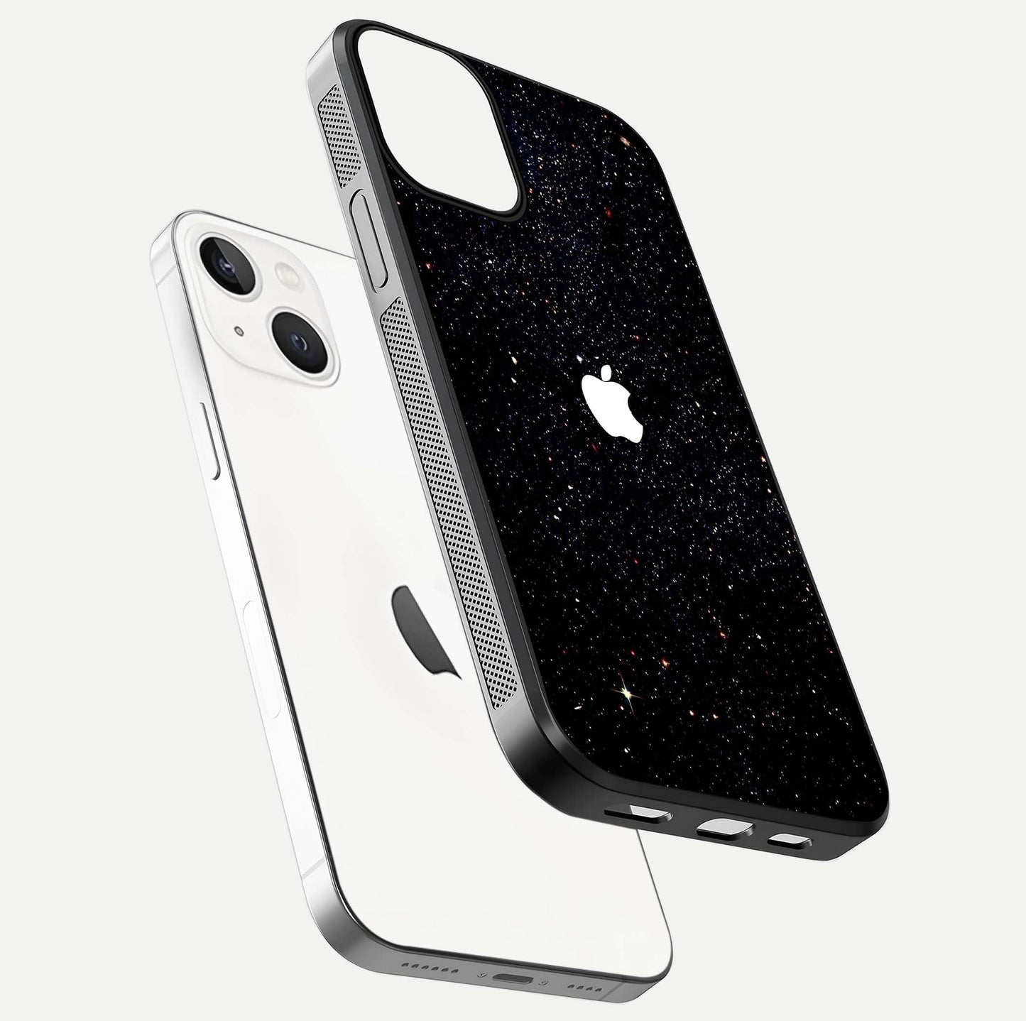 Starry Apple Galaxy Glass Case for iPhone 13 floating dual-view mockup displaying reflection and shine
