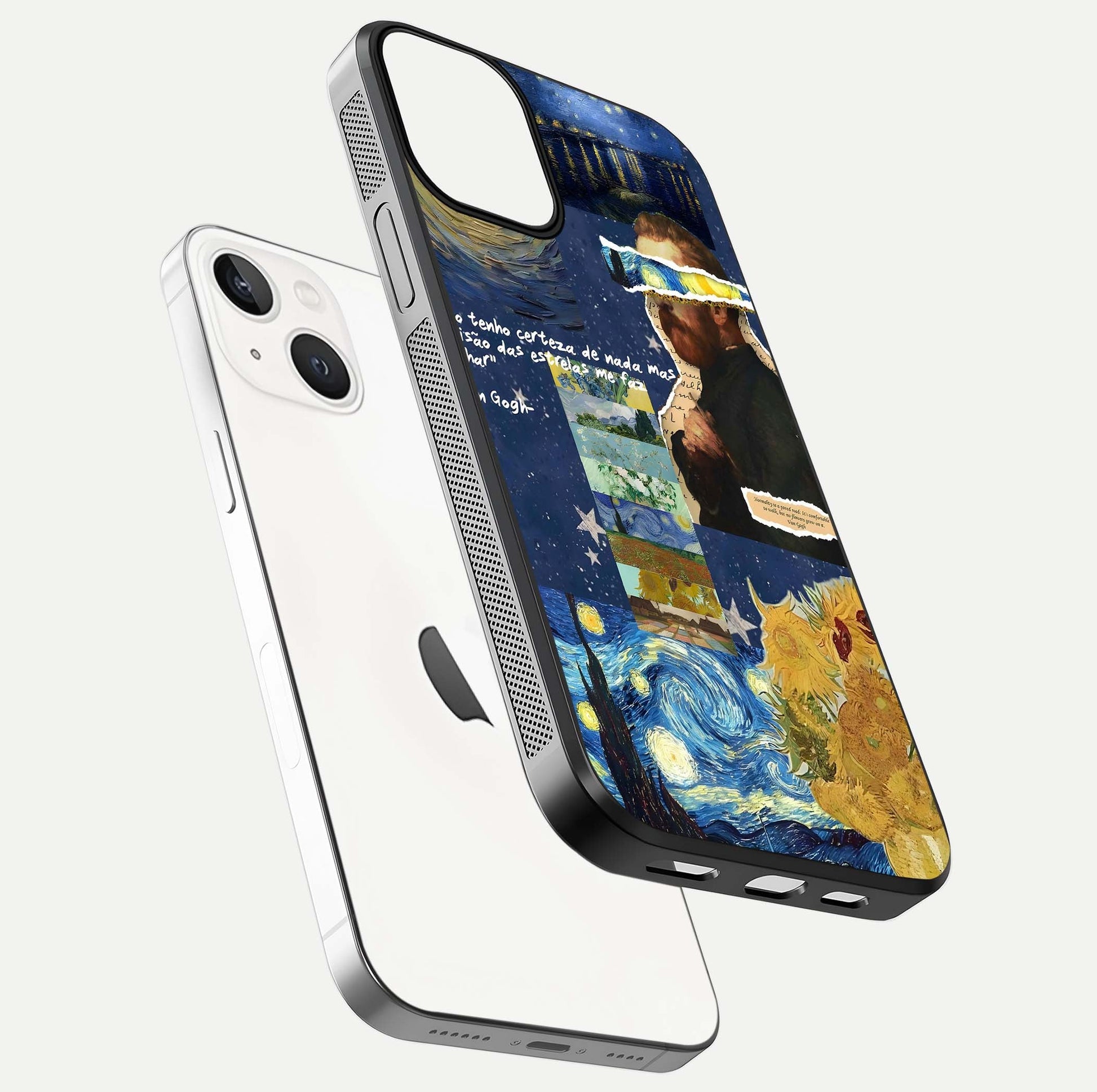 Starry Dream Vision Glass Case for iPhone 13 floating dual-view mockup displaying gloss surface and clarity