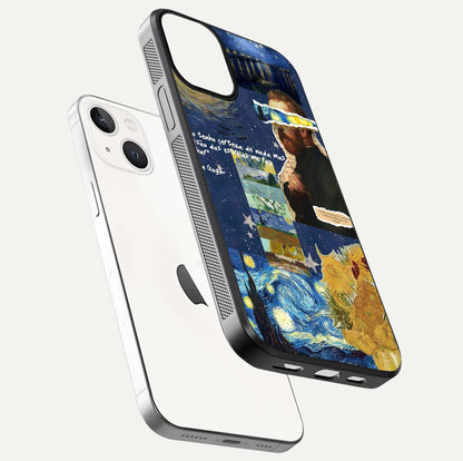 Starry Dream Vision Glass Case for iPhone 13 floating dual-view mockup displaying gloss surface and clarity