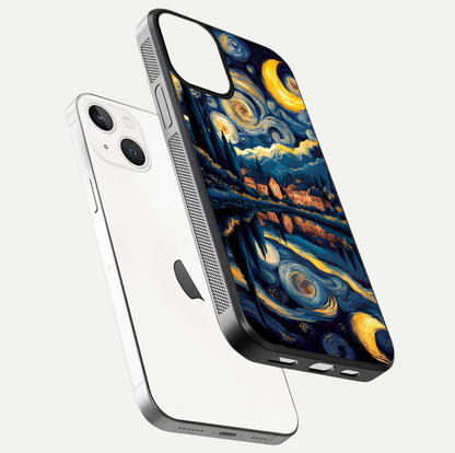 Starry Sky Serenity Glass Case for iPhone 13 floating dual-view mockup displaying gloss texture and shine