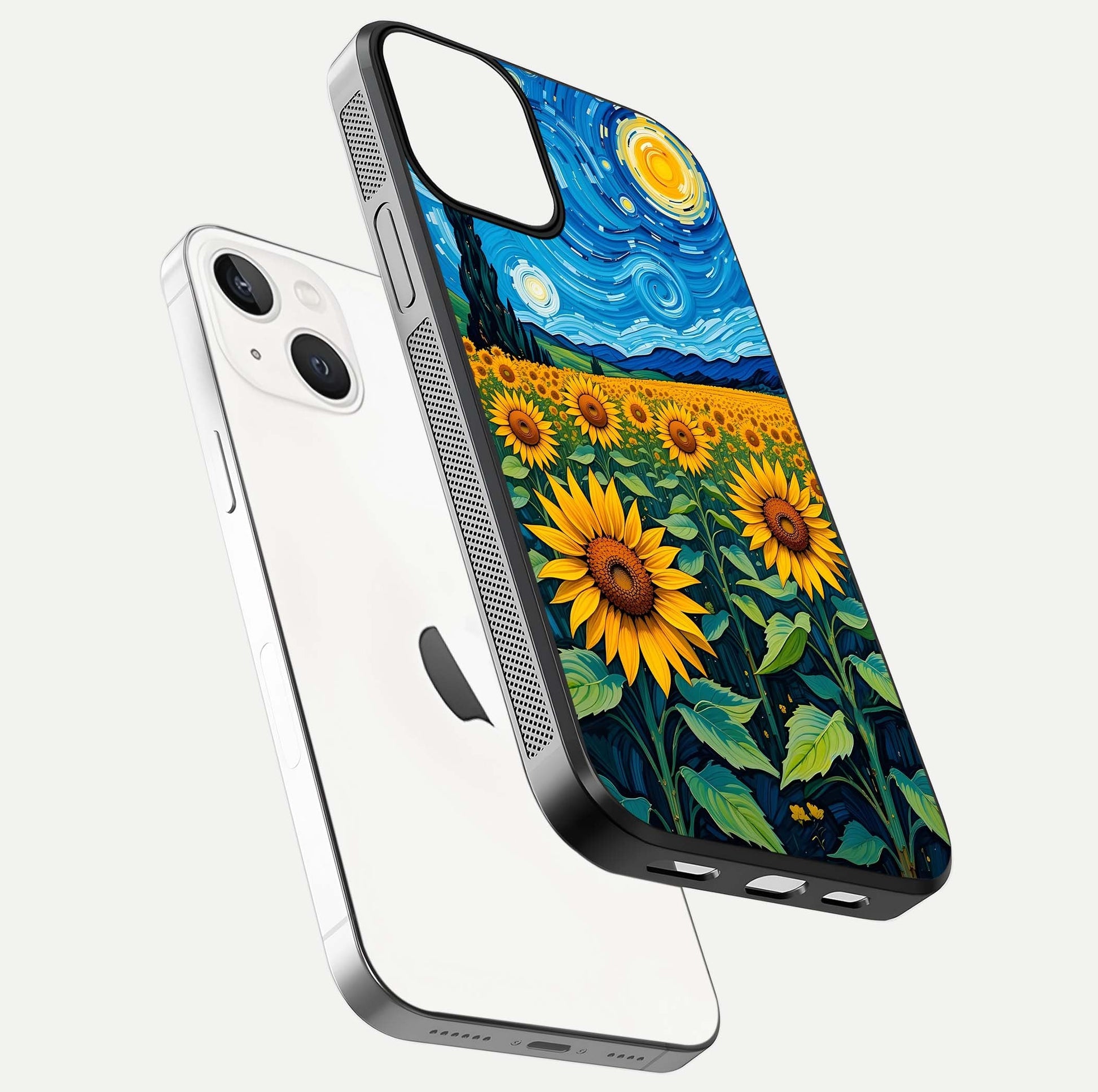 Starry Sunflower Dreams Glass Case for iPhone 13 floating dual-view mockup displaying gloss and vivid print