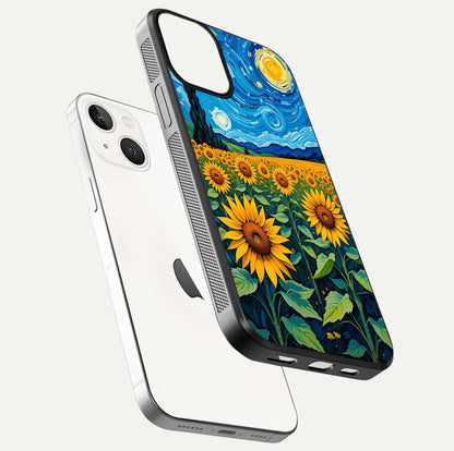 Starry Sunflower Dreams Glass Case for iPhone 13 floating dual-view mockup displaying gloss and vivid print