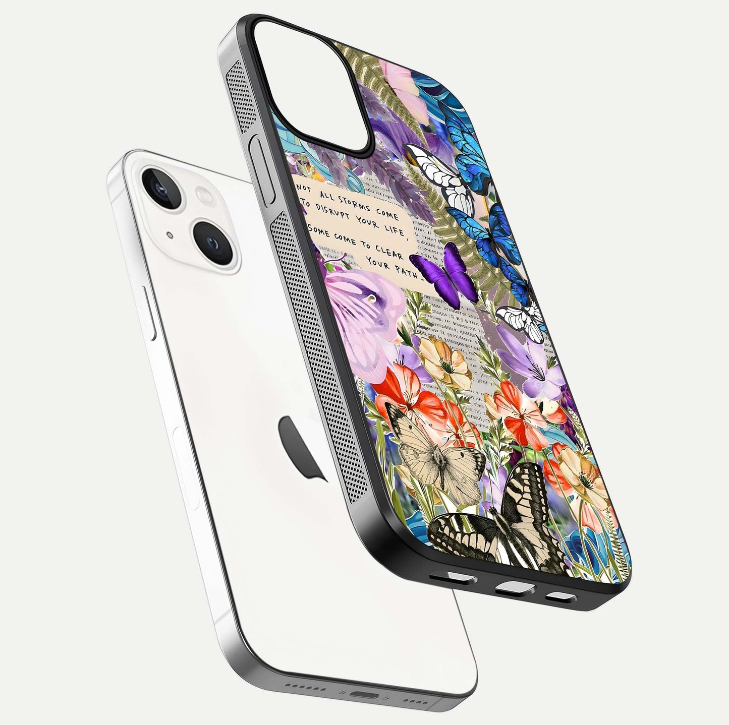Storm Path Bloom Glass Case for iPhone 13 floating dual-view mockup displaying gloss and pattern depth