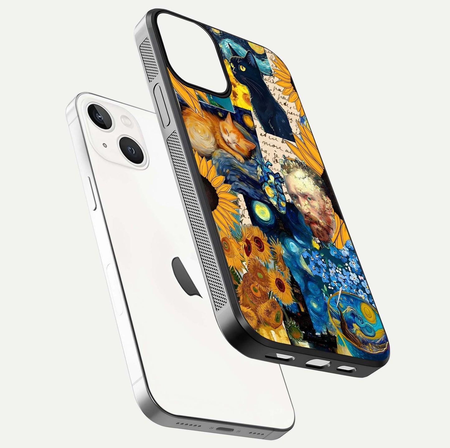 Sunflower Cat Art Glass Case for iPhone 13 floating dual-view mockup displaying gloss shine and HD art print