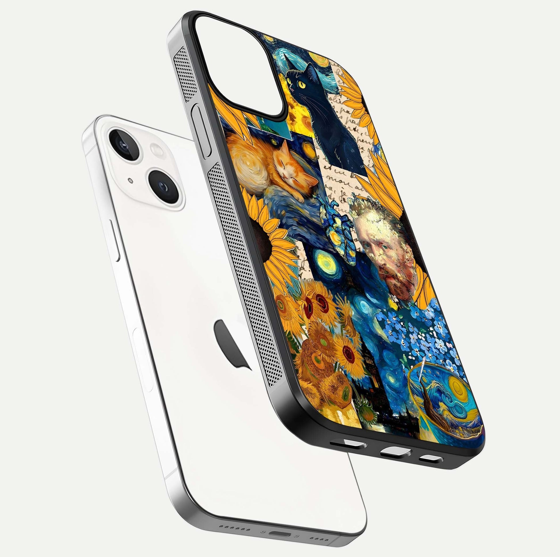 Sunflower Cat Art Glass Case for iPhone 13 floating dual-view mockup displaying gloss shine and HD art print