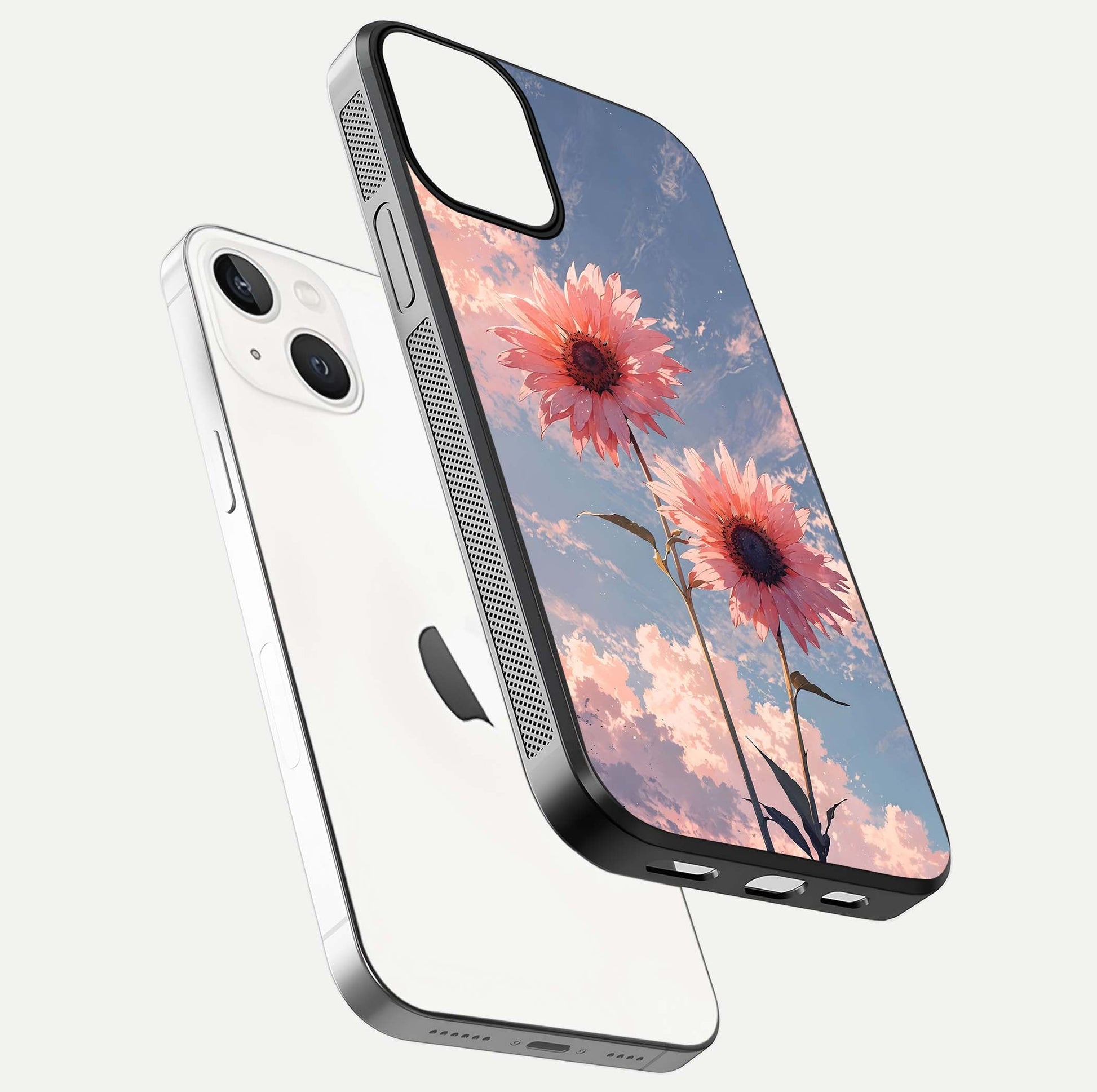 Sunlit Daisy Glow Glass Case for iPhone 13 floating dual-view mockup displaying gloss finish and HD print