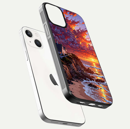 Sunset House by Sea Glass Case for iPhone 13 floating dual-view mockup displaying gloss shine and depth