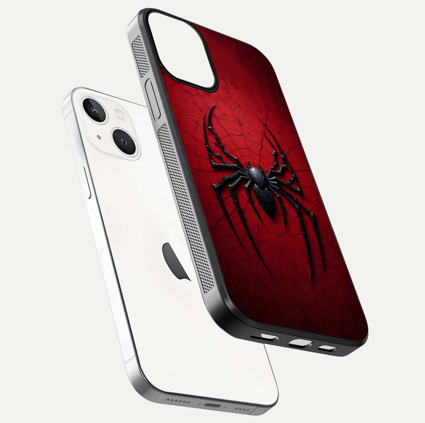 Venom Web Emblem Glass Case for iPhone 13 floating dual-view mockup displaying gloss shine and HD print