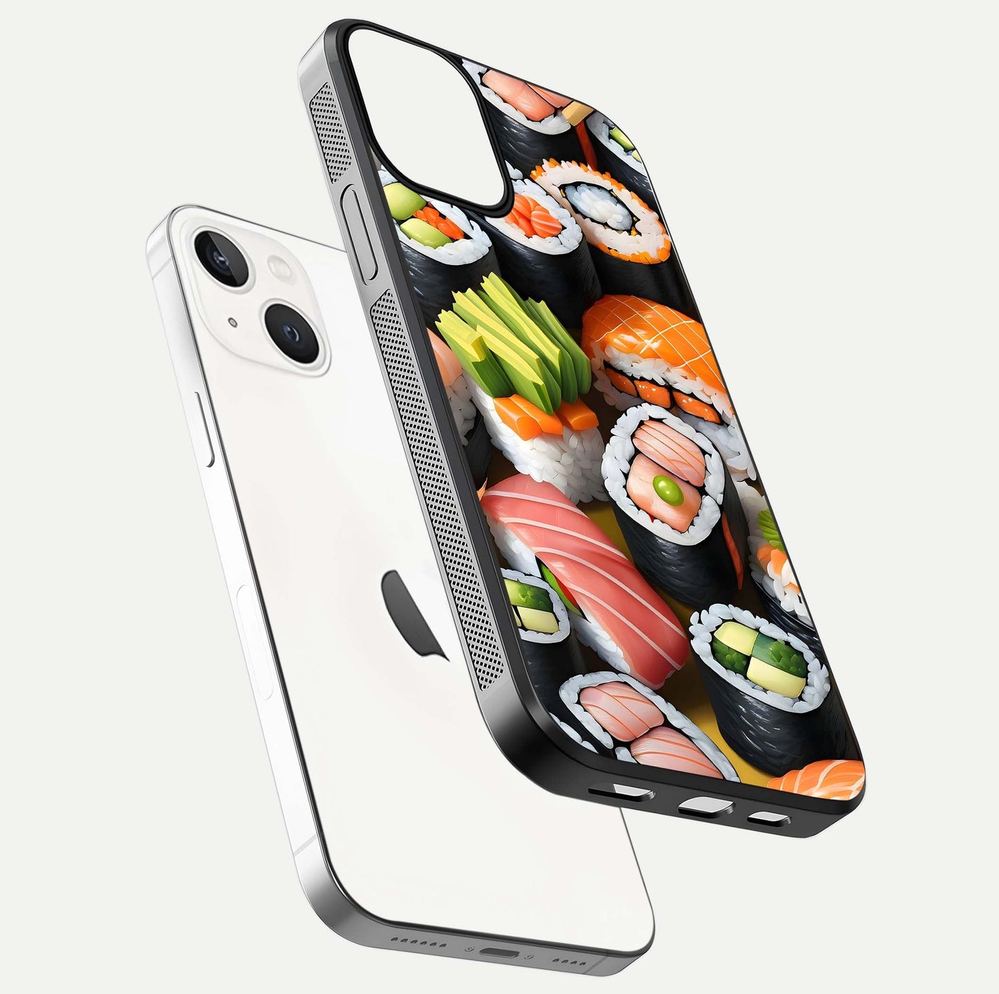 Sushi Food Pattern Glass Case for iPhone 13 floating dual-view mockup displaying gloss and HD pattern
