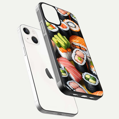 Sushi Food Pattern Glass Case for iPhone 13 floating dual-view mockup displaying gloss and HD pattern