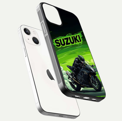 Suzuki Speed Beast Glass Case for iPhone 13 floating dual-view mockup displaying gloss texture and shine