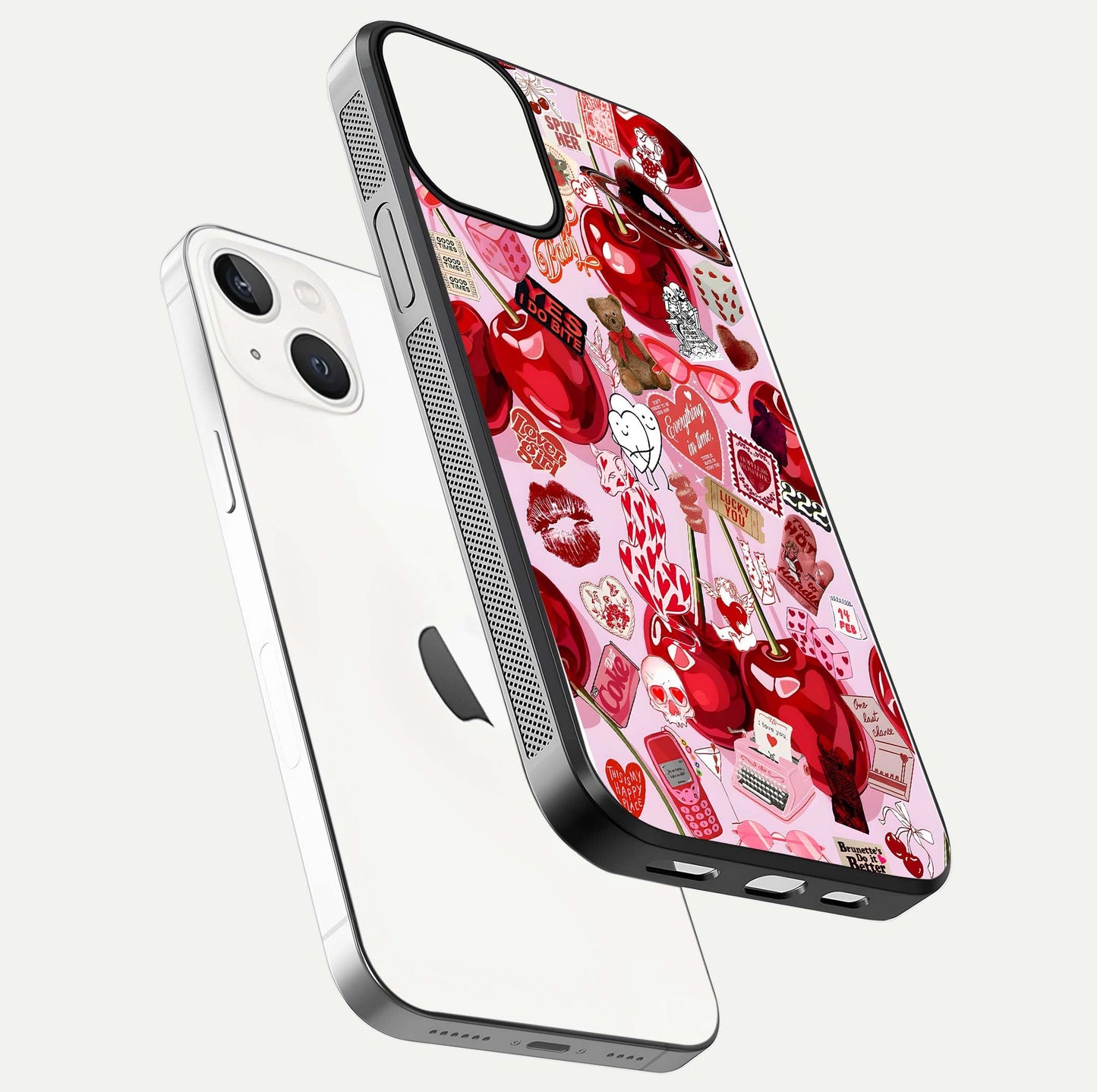 Sweet Cherry Chaos Glass Case for iPhone 13 floating dual-view mockup displaying gloss surface and depth