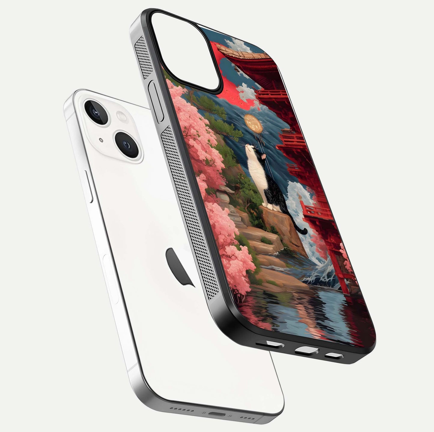 Temple Cat Scenery Glass Case for iPhone 13 floating dual-view mockup displaying gloss and depth detail