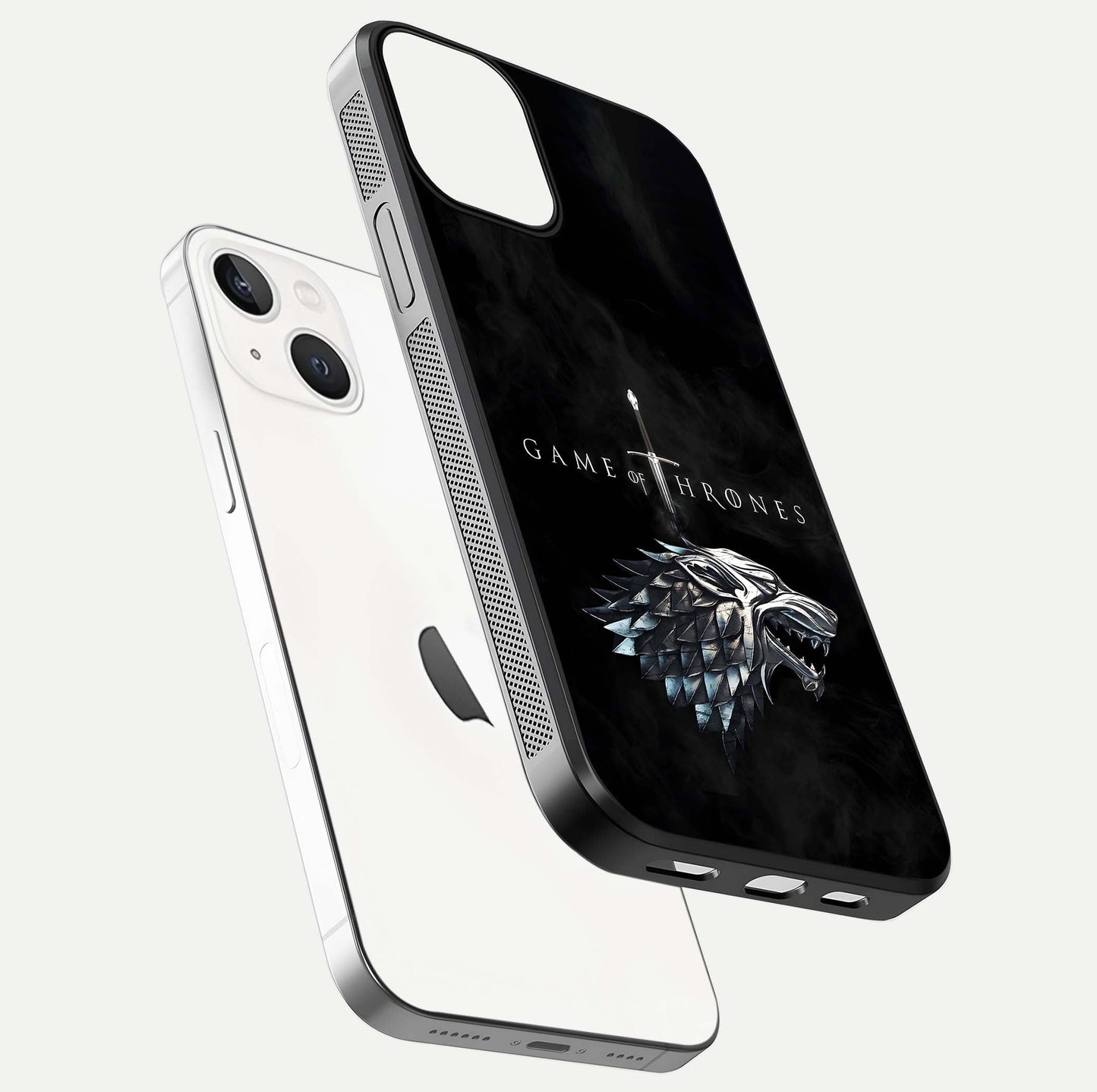 Throne Wolf Legacy Glass Case for iPhone 13 floating dual-view mockup displaying gloss depth and wolf artwork