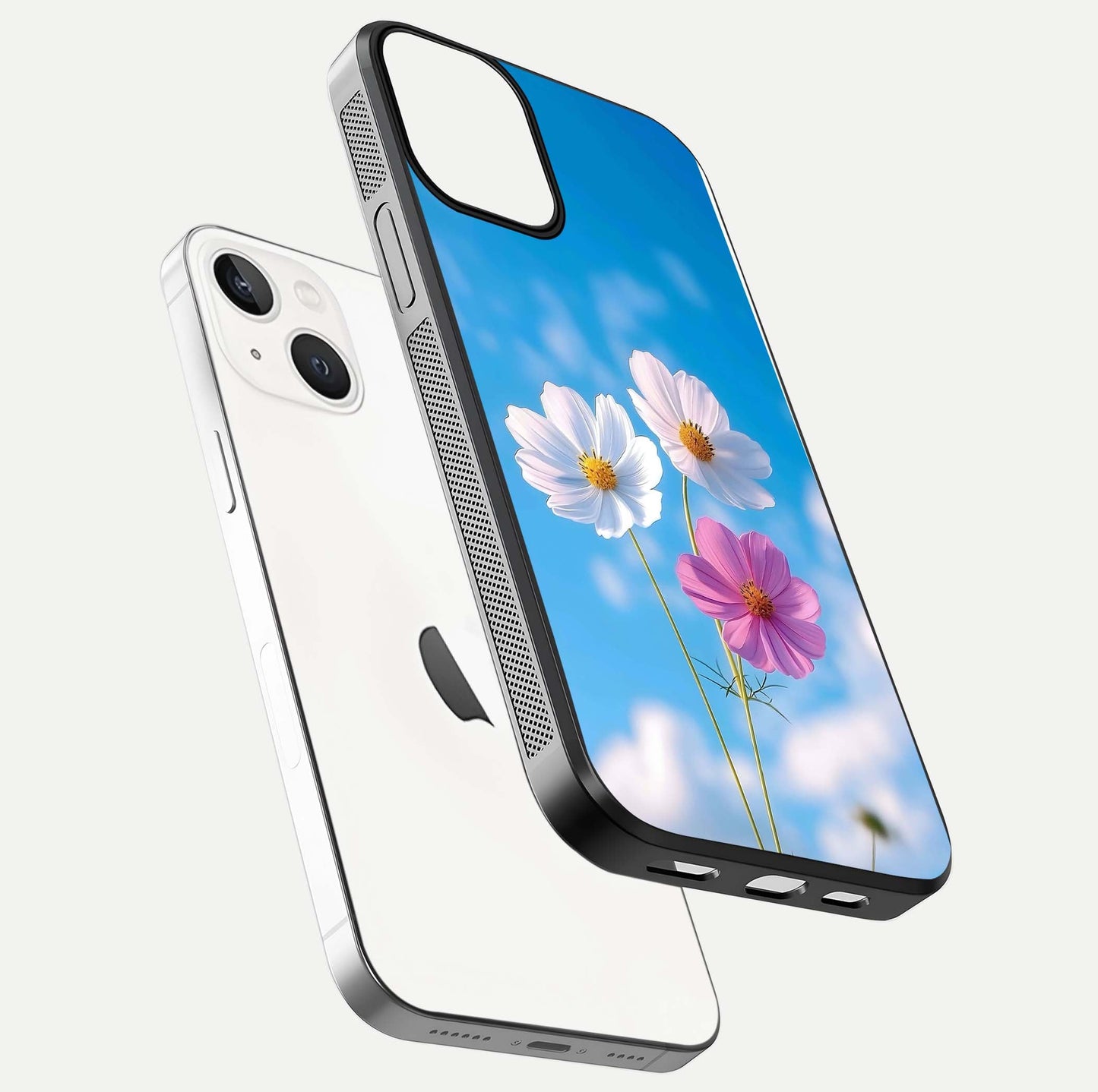 Triple Flowers With Sky Glass Case for iPhone 13 floating dual-view mockup displaying gloss and soft hues