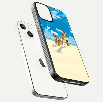Tropical Fun Squad Glass Case for iPhone 13 floating dual-view mockup displaying gloss reflection and contrast