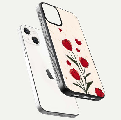 Tulip With Heart Glass Case for iPhone 13 floating dual-view mockup displaying gloss texture and shine
