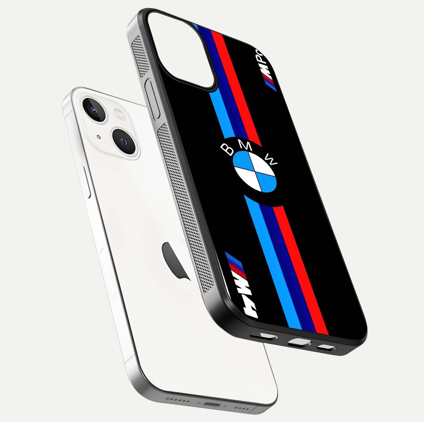 Turbo BMW Beast Glass Case for iPhone 13 floating dual-view mockup displaying gloss texture and vivid print