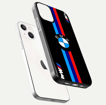Turbo BMW Beast Glass Case for iPhone 13 floating dual-view mockup displaying gloss texture and vivid print