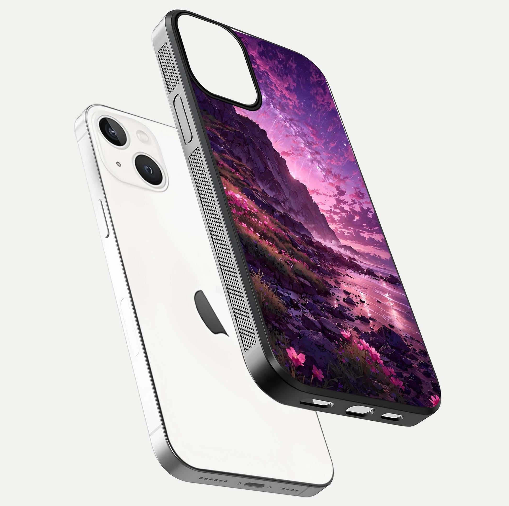 Twilight Blossom Coast Glass Case for iPhone 13 floating dual-view mockup displaying gloss surface and detail