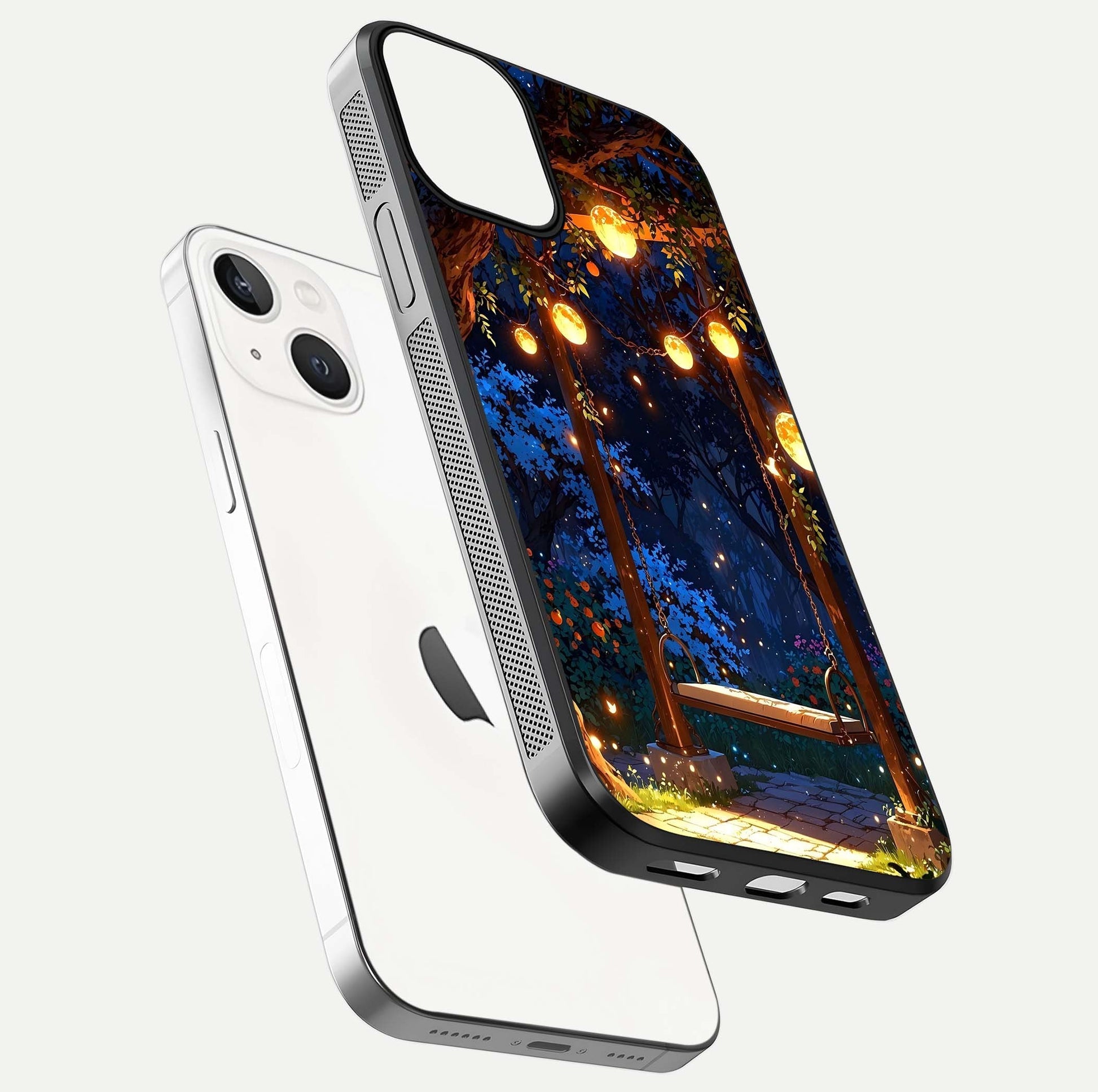 Twilight Garden Swing Glass Case for iPhone 13 floating dual-view mockup displaying gloss and tone balance