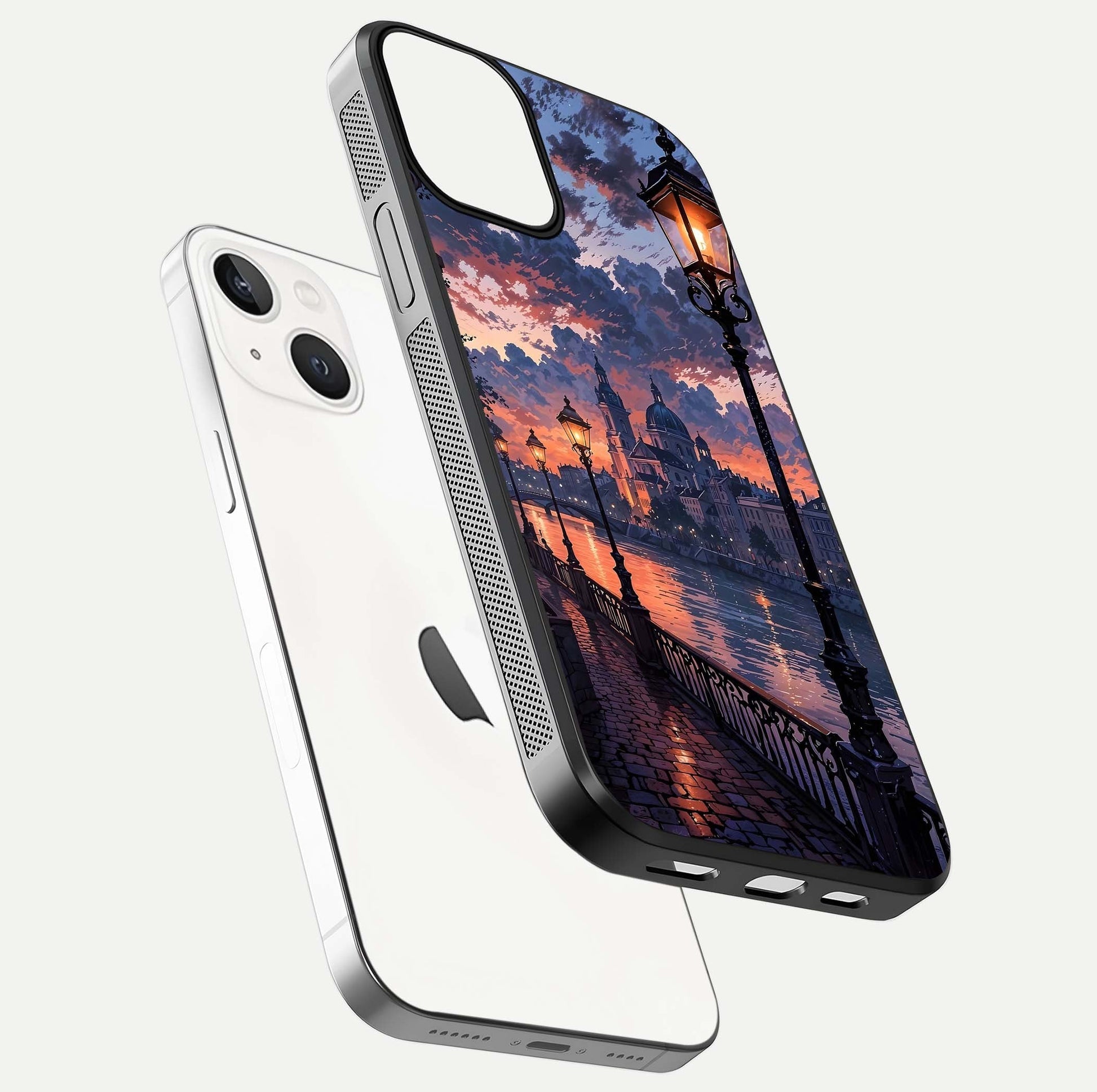 Twilight River Lights Glass Case for iPhone 13 floating dual-view mockup displaying gloss shine and vivid details