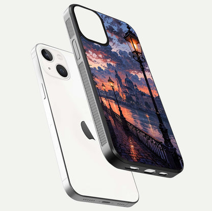 Twilight River Lights Glass Case for iPhone 13 floating dual-view mockup displaying gloss shine and vivid details