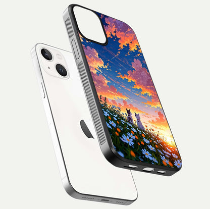 Two Cats Friends Glass Case for iPhone 13 floating dual-view mockup displaying gloss surface and HD print