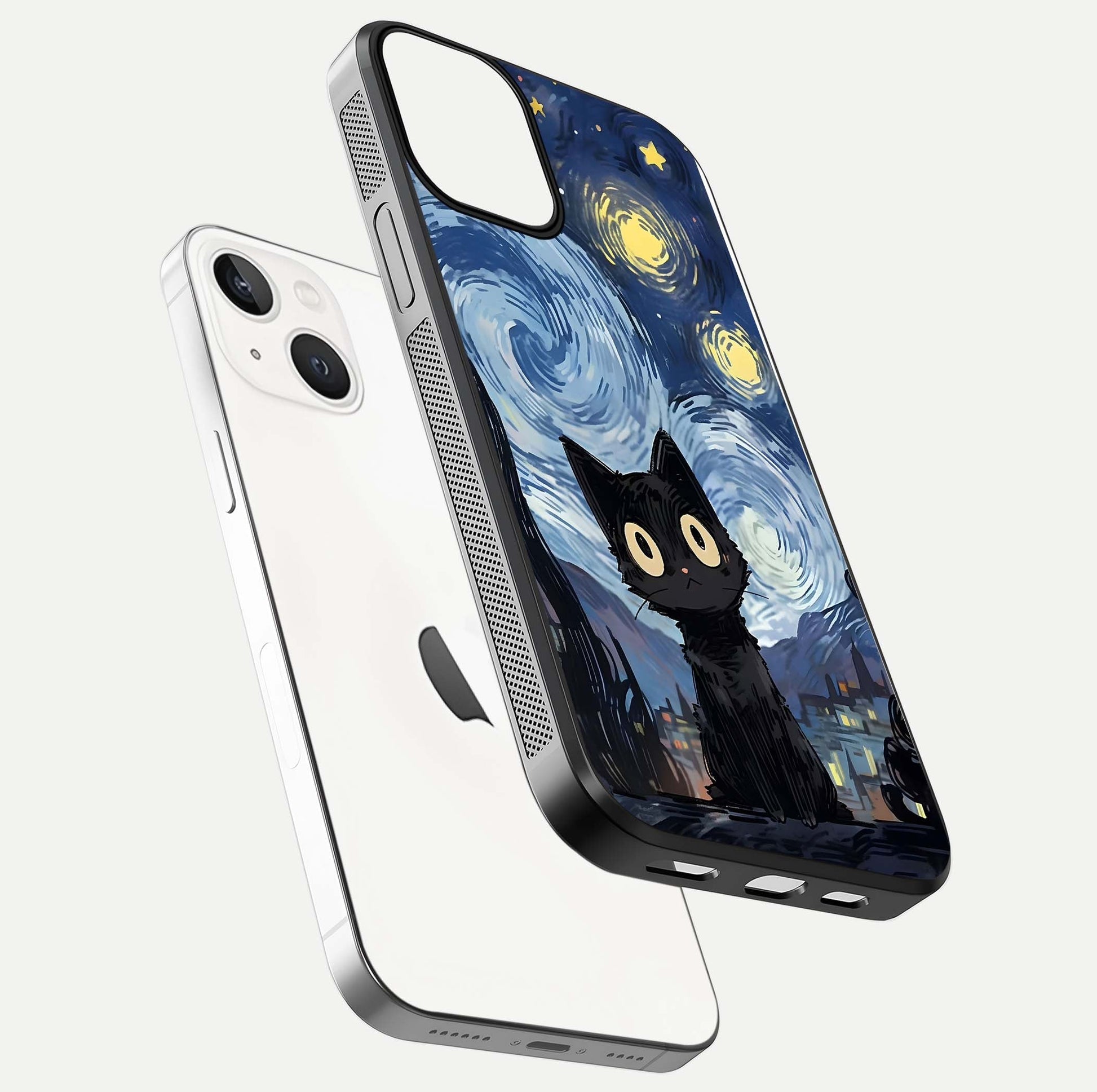 Van Gogh Cat Glass Case for iPhone 13 floating dual-view mockup displaying gloss shine and artistic texture