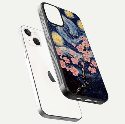 Van Gogh Scenery Glass Case for iPhone 13 floating dual-view mockup displaying gloss reflection and HD quality
