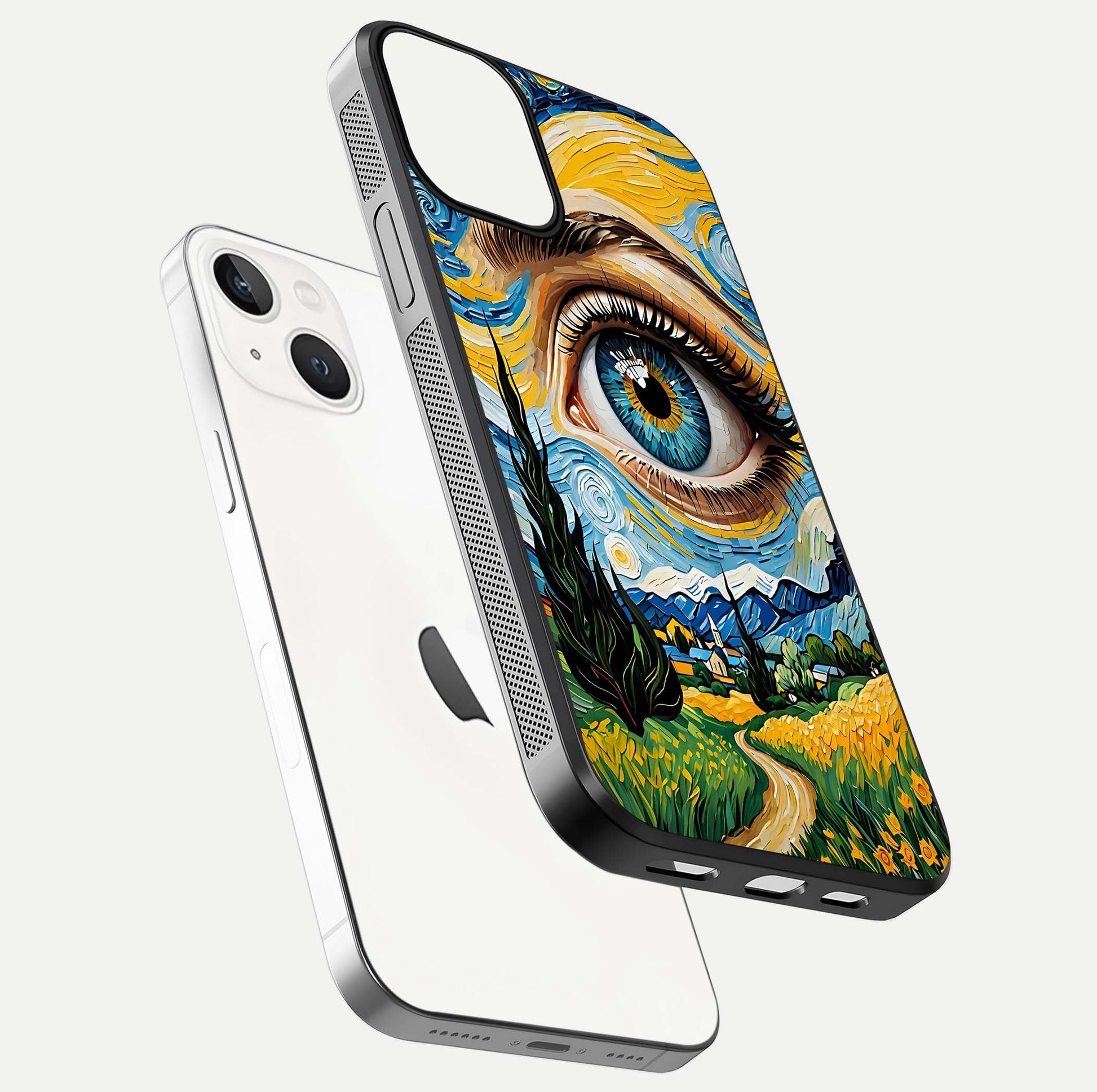 Van Gogh Eye Glass Case for iPhone 16 Pro floating dual-view mockup displaying gloss texture and depth