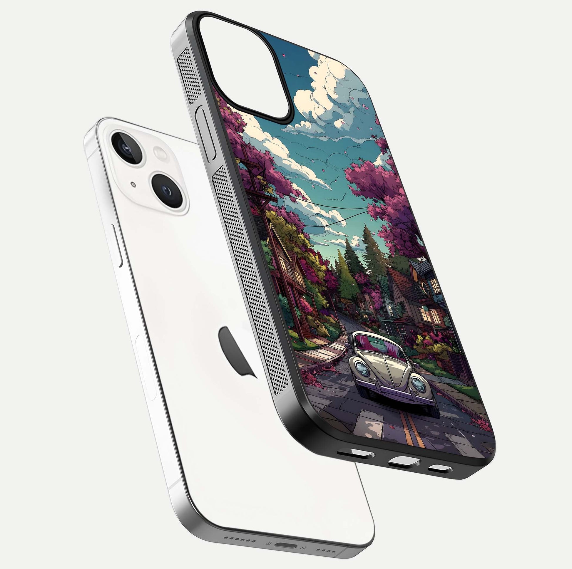 Vintage Street Drive Glass Case for iPhone 13 floating dual-view mockup displaying gloss shine and texture