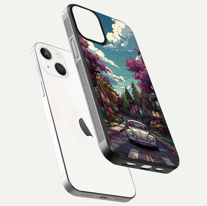 Vintage Street Drive Glass Case for iPhone 13 floating dual-view mockup displaying gloss shine and texture
