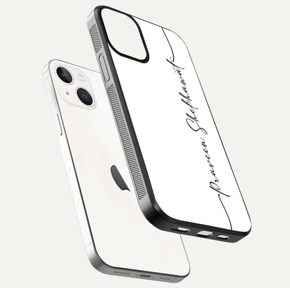 White Tune Custom Name Glass Case for iPhone 13 floating dual-view mockup displaying gloss and HD detail