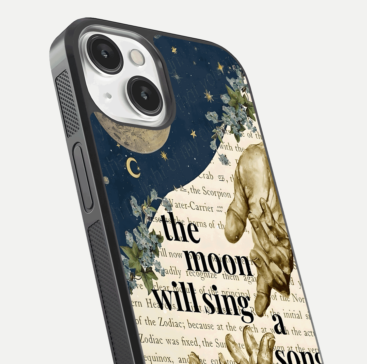 Aesthetic Divine Glass Case for iPhone 16 Pro close-up angled shot showing detailed divine artwork and gloss reflection