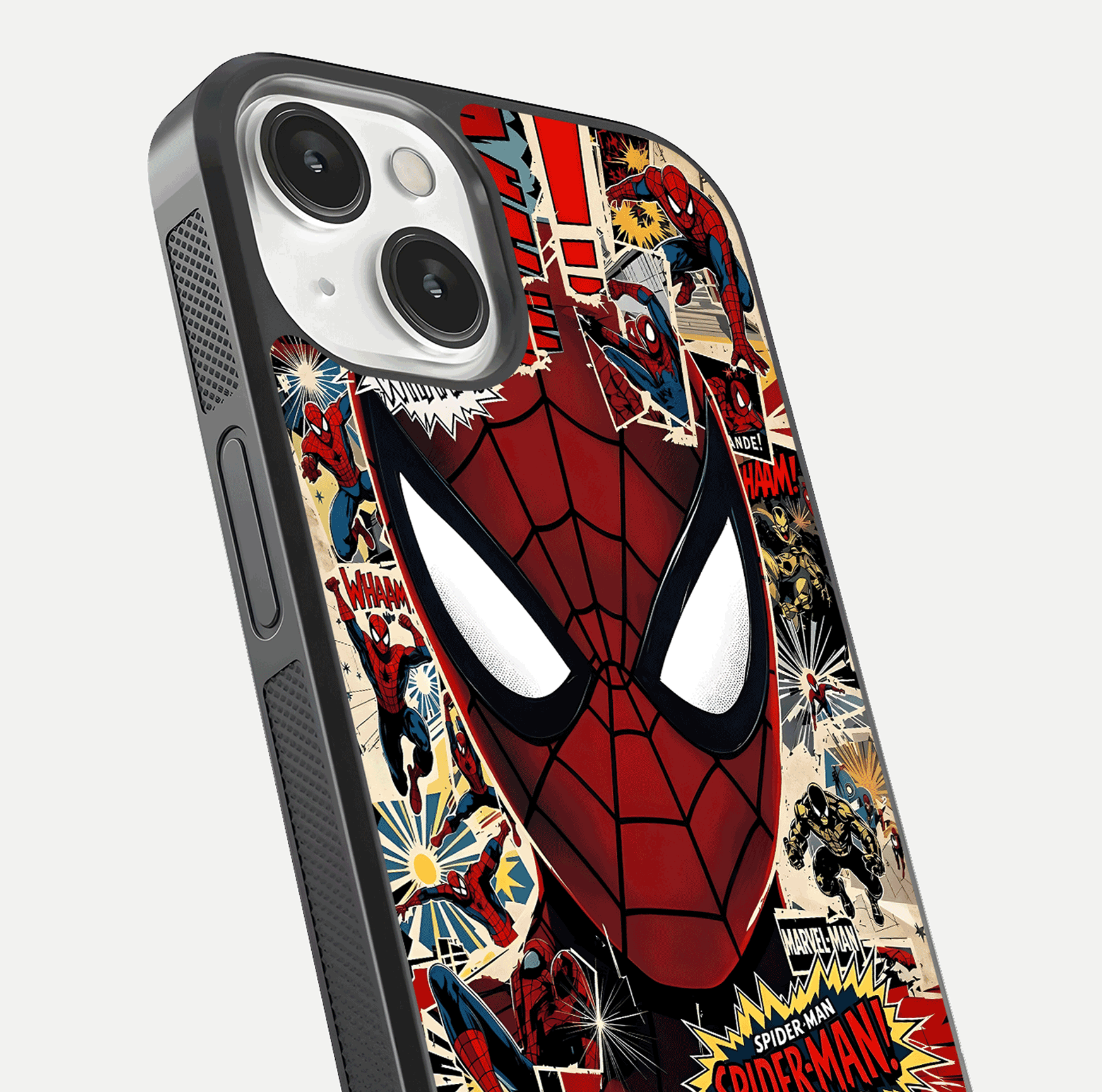 Aesthetic Wonder Spider Glass Case for iPhone 16 Pro angled close-up highlighting spider web detail and vibrant color gloss