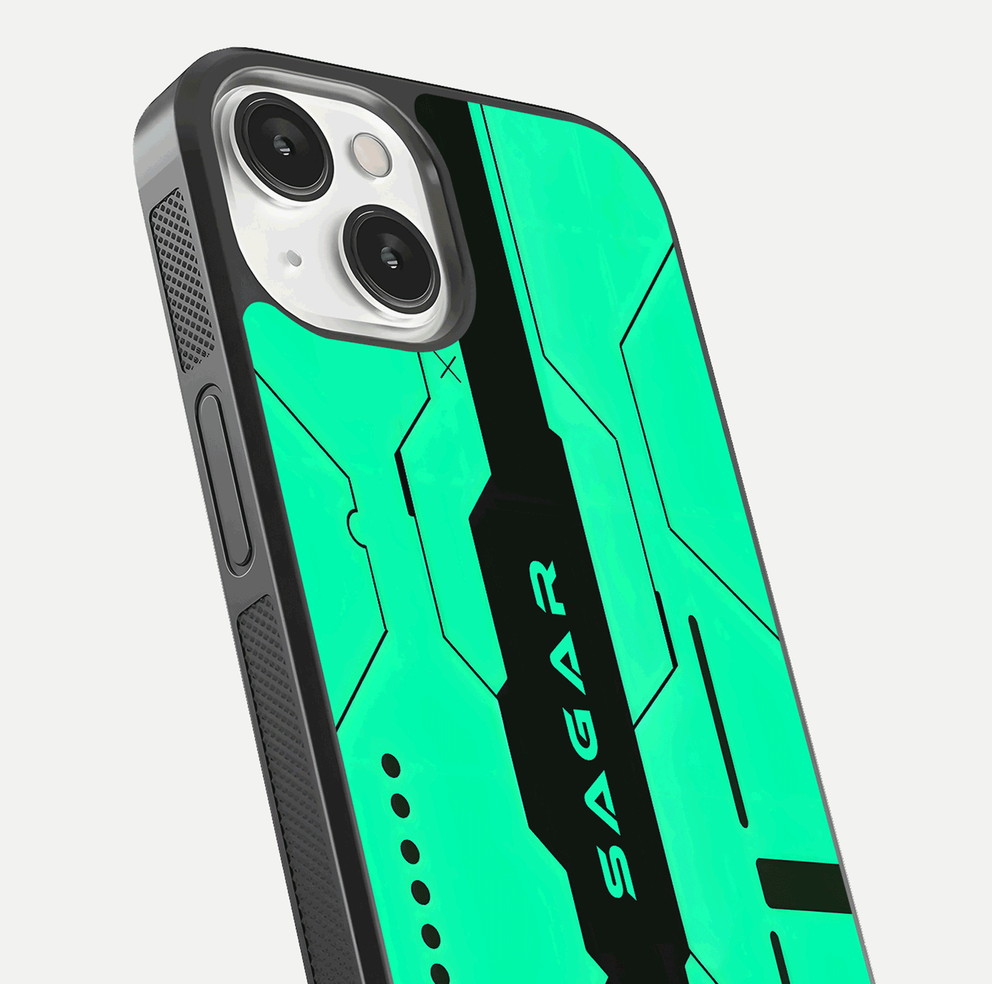 Aqua Tech CYBERPUNK Custom Name Glass Case for iPhone 13 close-up angle showing futuristic blue lights and reflections
