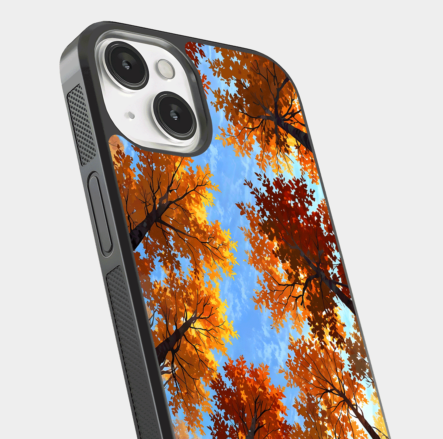 Autumn Sky Rise Glass Case for iPhone 13 close-up shot of autumn tone details and HD shine reflection