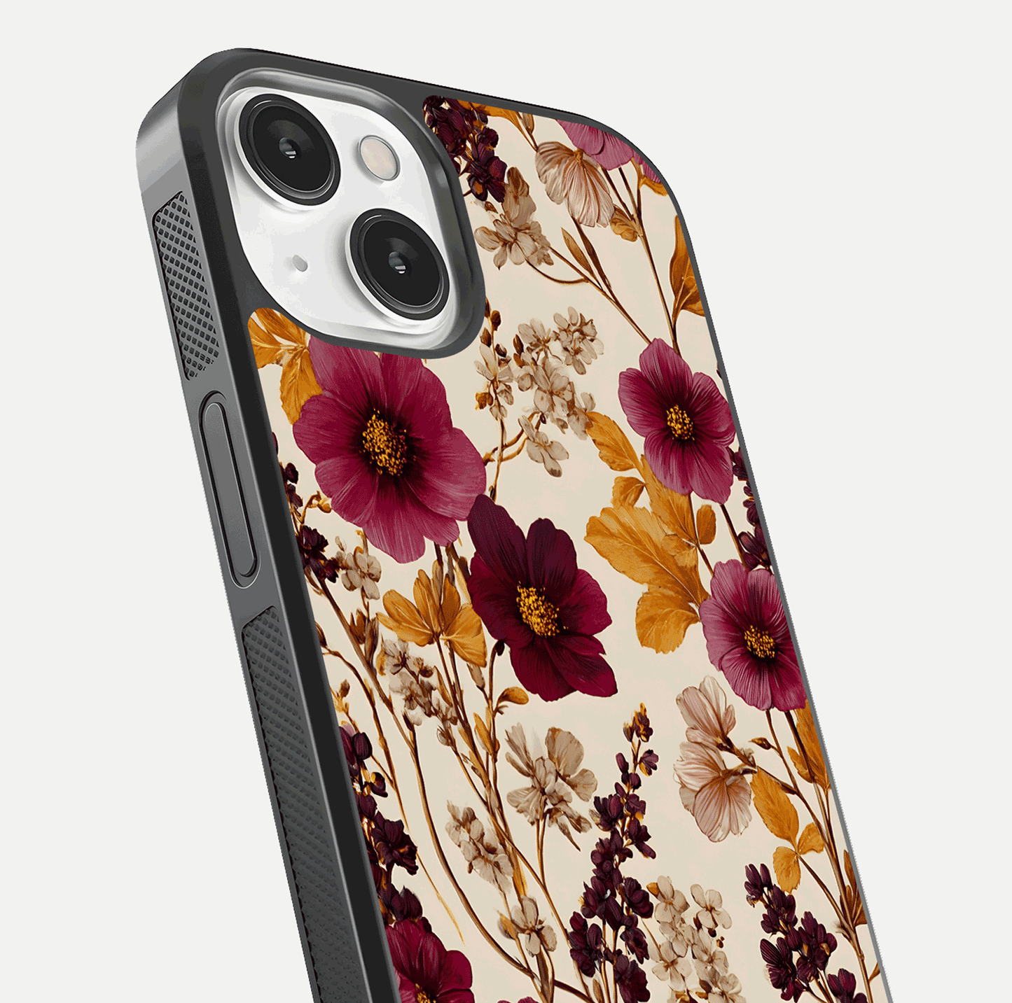 Autumn Wine Bloom Glass Case for iPhone 16 Pro close-up highlighting petal detail and gloss reflection