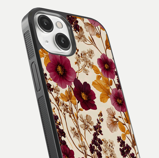 Autumn Wine Bloom Glass Case for iPhone 13 close-up highlighting petal detail and gloss reflection