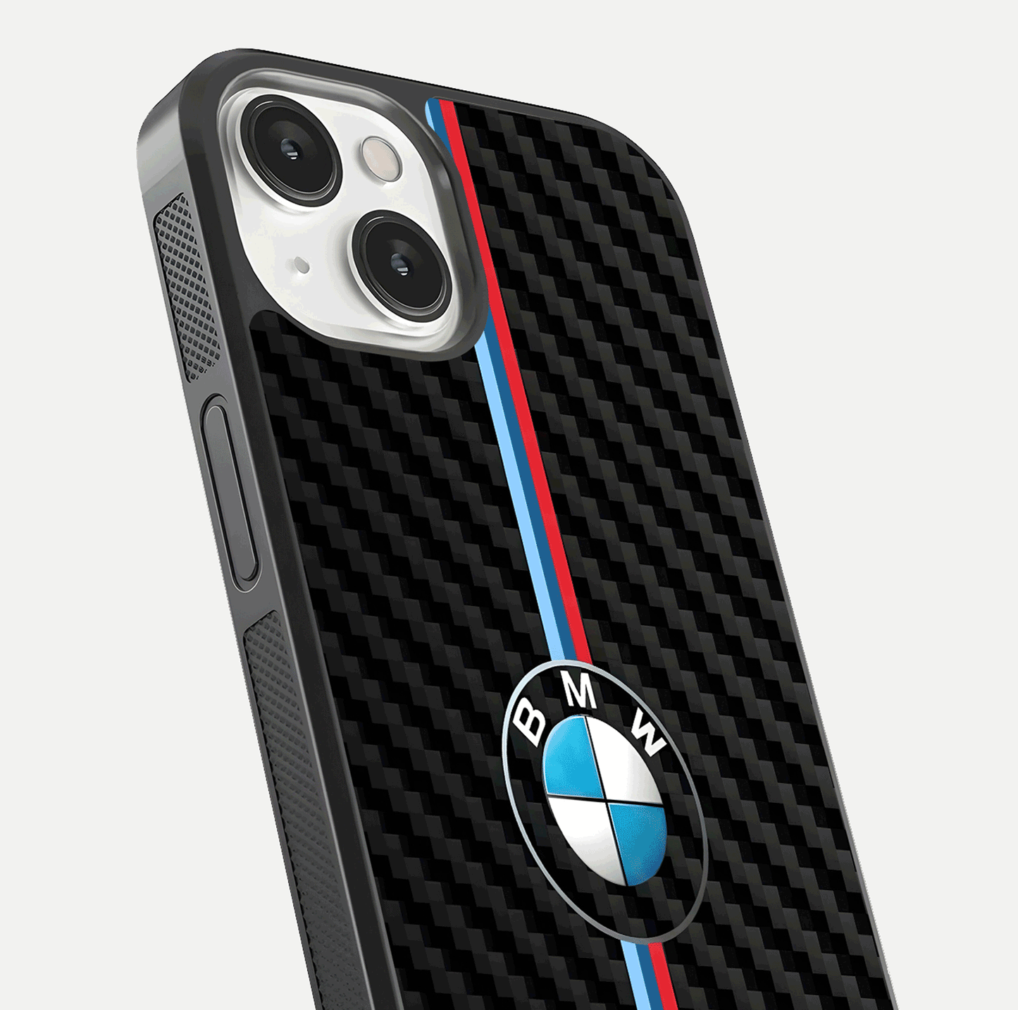 BMW Pattern Glass Case for iPhone 13 close-up angle showing BMW logo detailing and high-reflect gloss texture