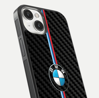 BMW Pattern Glass Case for iPhone 13 close-up angle showing BMW logo detailing and high-reflect gloss texture