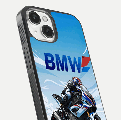 BMW Power Drift Glass Case for iPhone 13 close-up view highlighting motion streaks and gloss shine