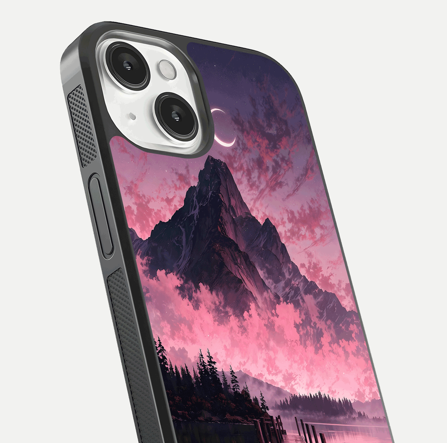 Beautyful Mountain View Glass Case for iPhone 16 Pro close-up angle highlighting landscape details and shine