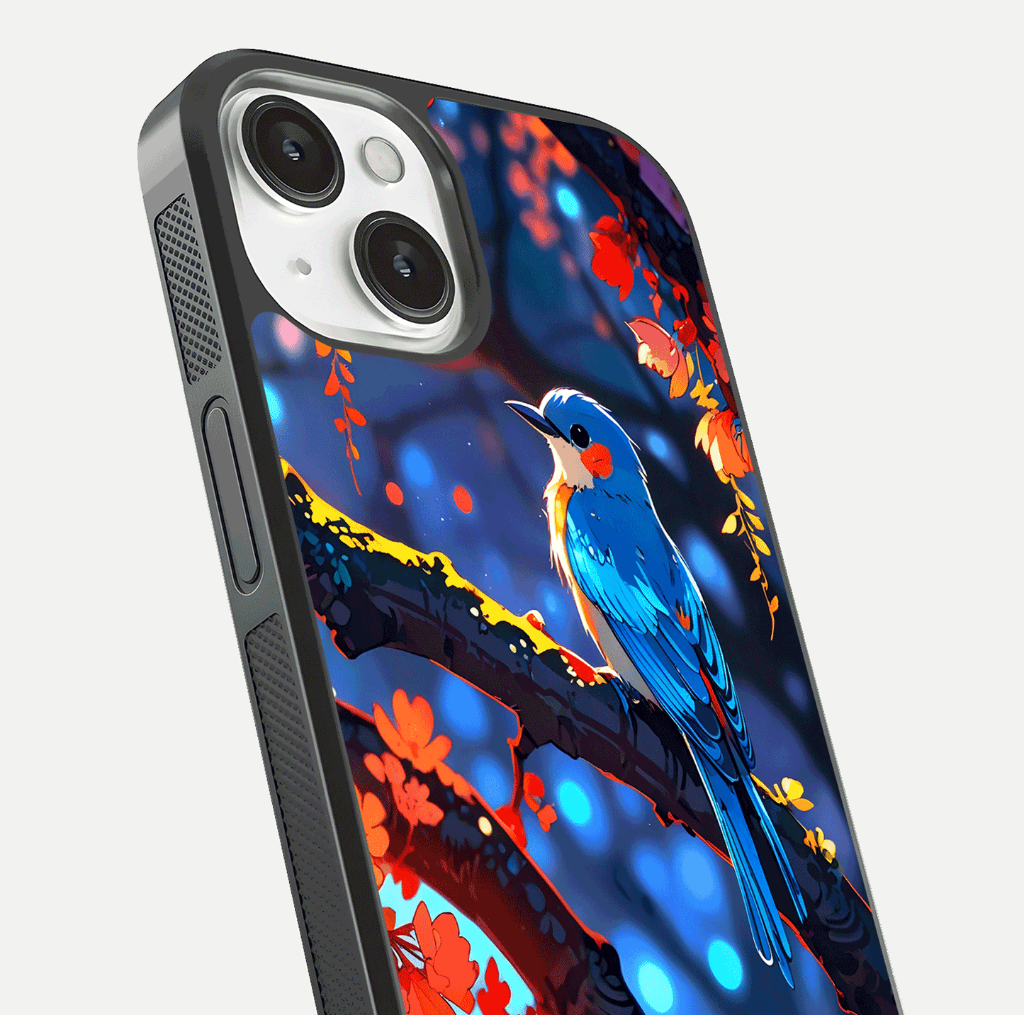 Blooming Spendor Bird Glass Case for iPhone 13 close-up shot highlighting bird design details and glossy shine