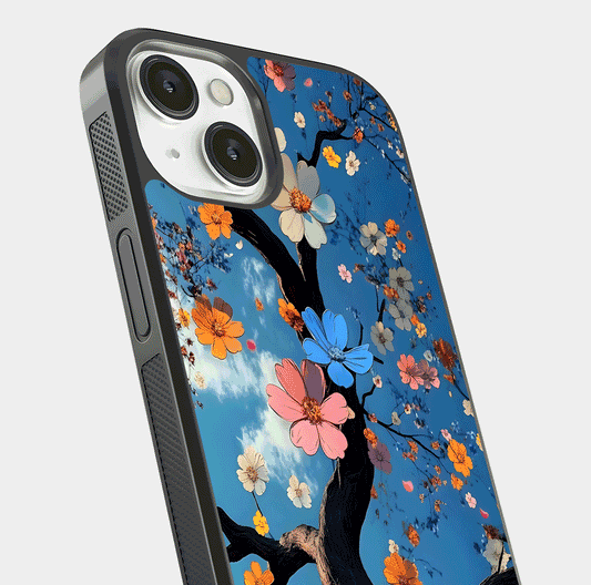 Blossom Dream Sky Glass Case for iPhone 13 close-up shot highlighting dreamlike clouds and pink blossoms