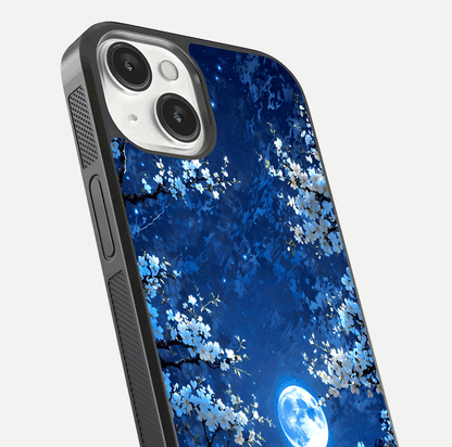 Blossom Moonlight Sky Glass Case for iPhone 13 close-up angle capturing moon glow and flower detail reflections