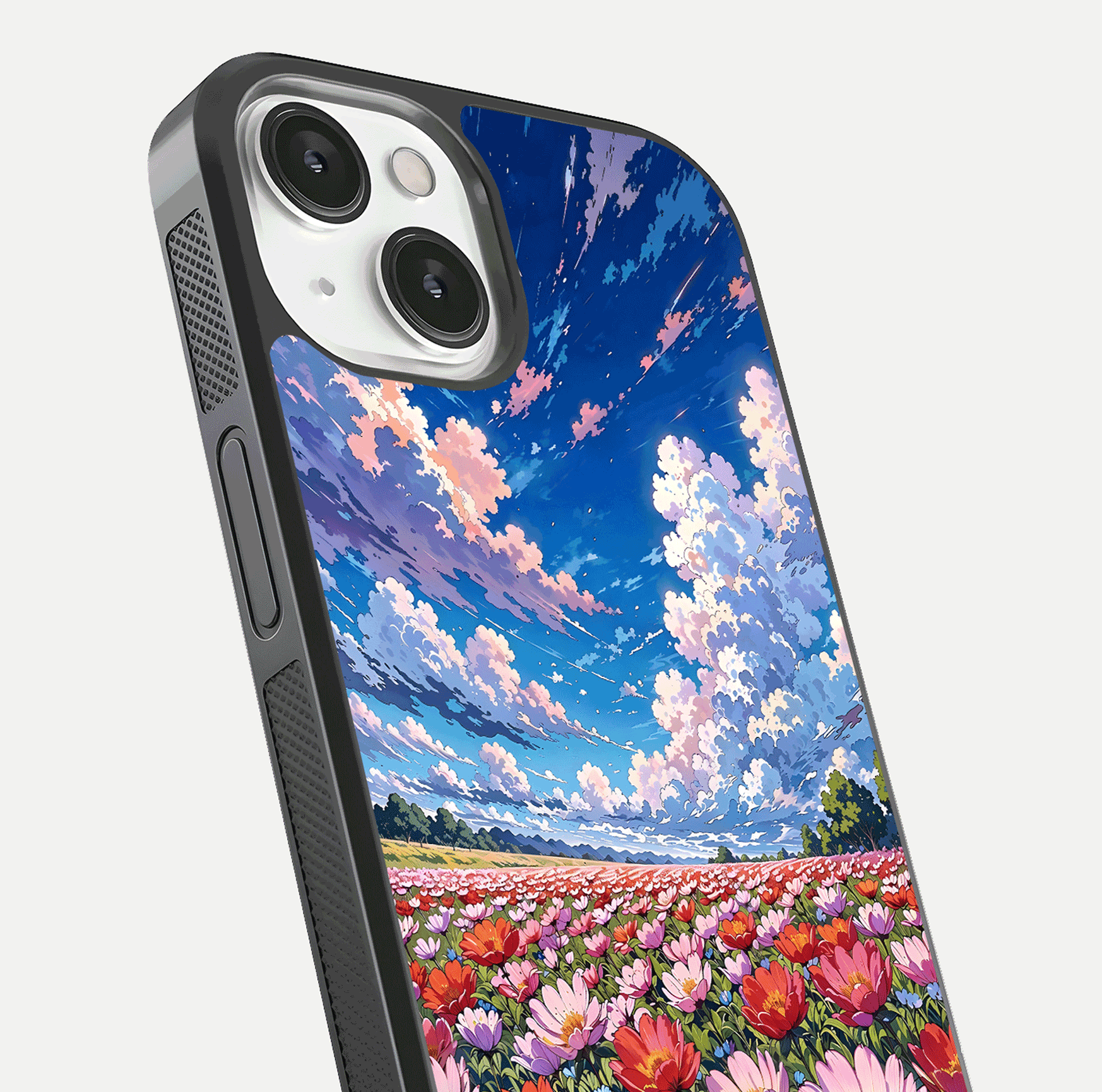 Blossom Sky Field Glass Case for iPhone 13 close-up image showing petal patterns and subtle sky gradient